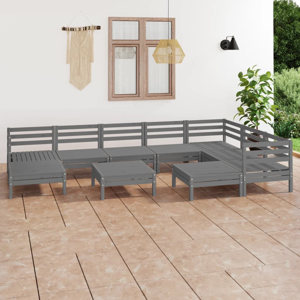 10 Piece Garden Lounge Set Solid Wood Pine Grey