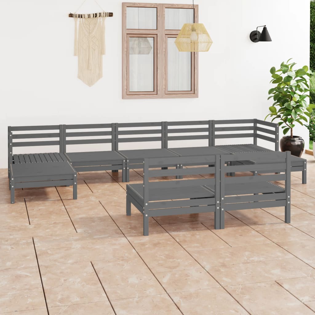 9 Piece Garden Lounge Set Grey Solid Wood Pine