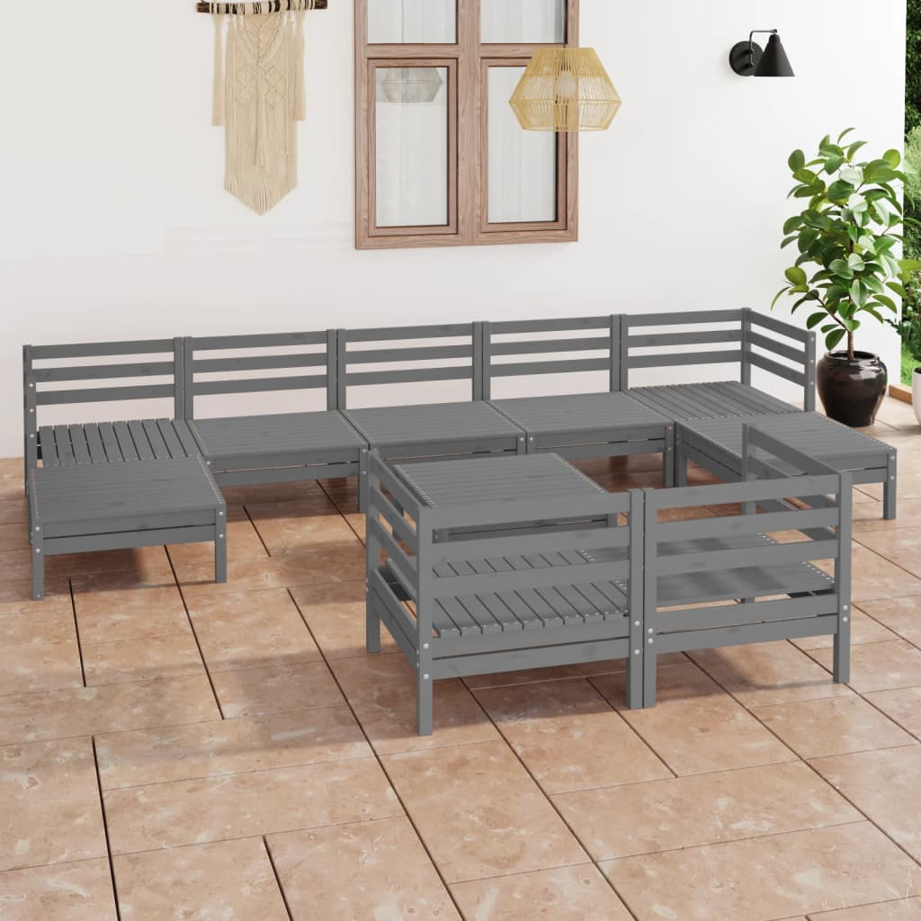 10 Piece Garden Lounge Set Grey Solid Wood Pine