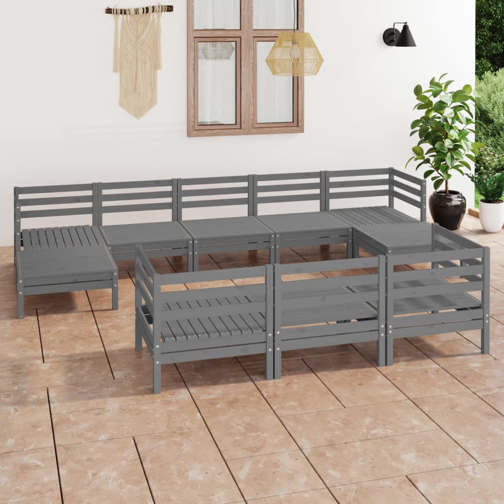 10 Piece Garden Lounge Set Grey Solid Wood Pine