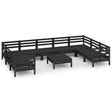 10 Piece Garden Lounge Set Black Solid Wood Pine