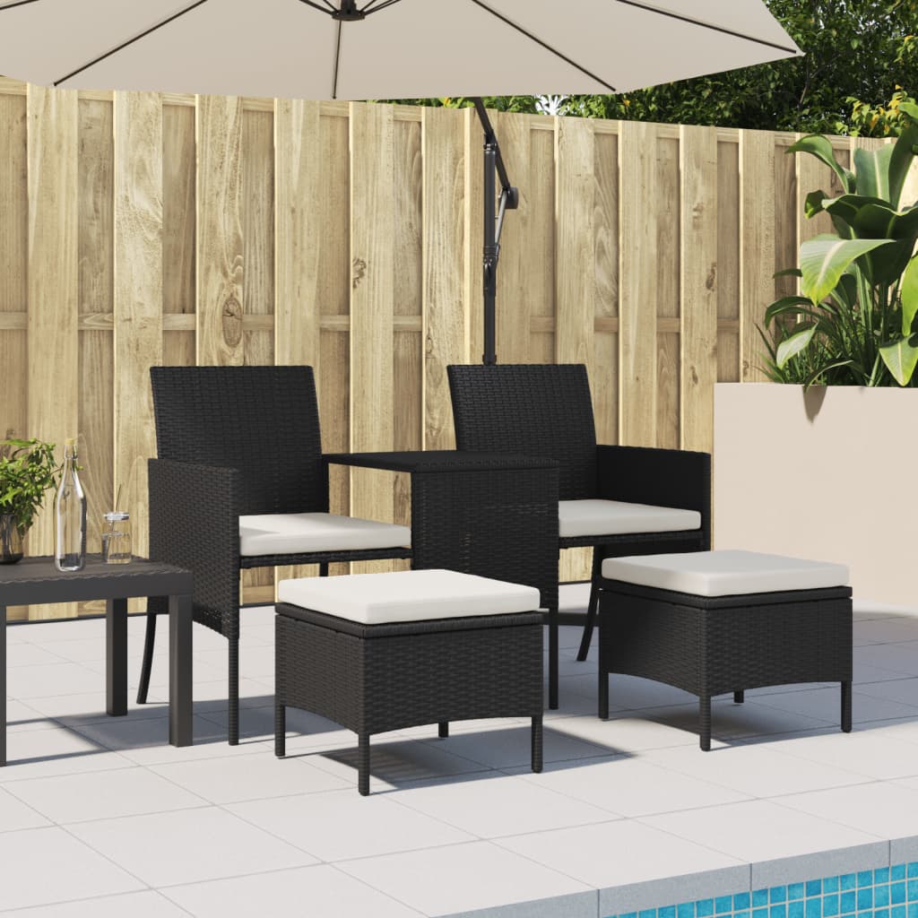 Garden Sofa 2-Seater with Table and Stools Black Poly Rattan