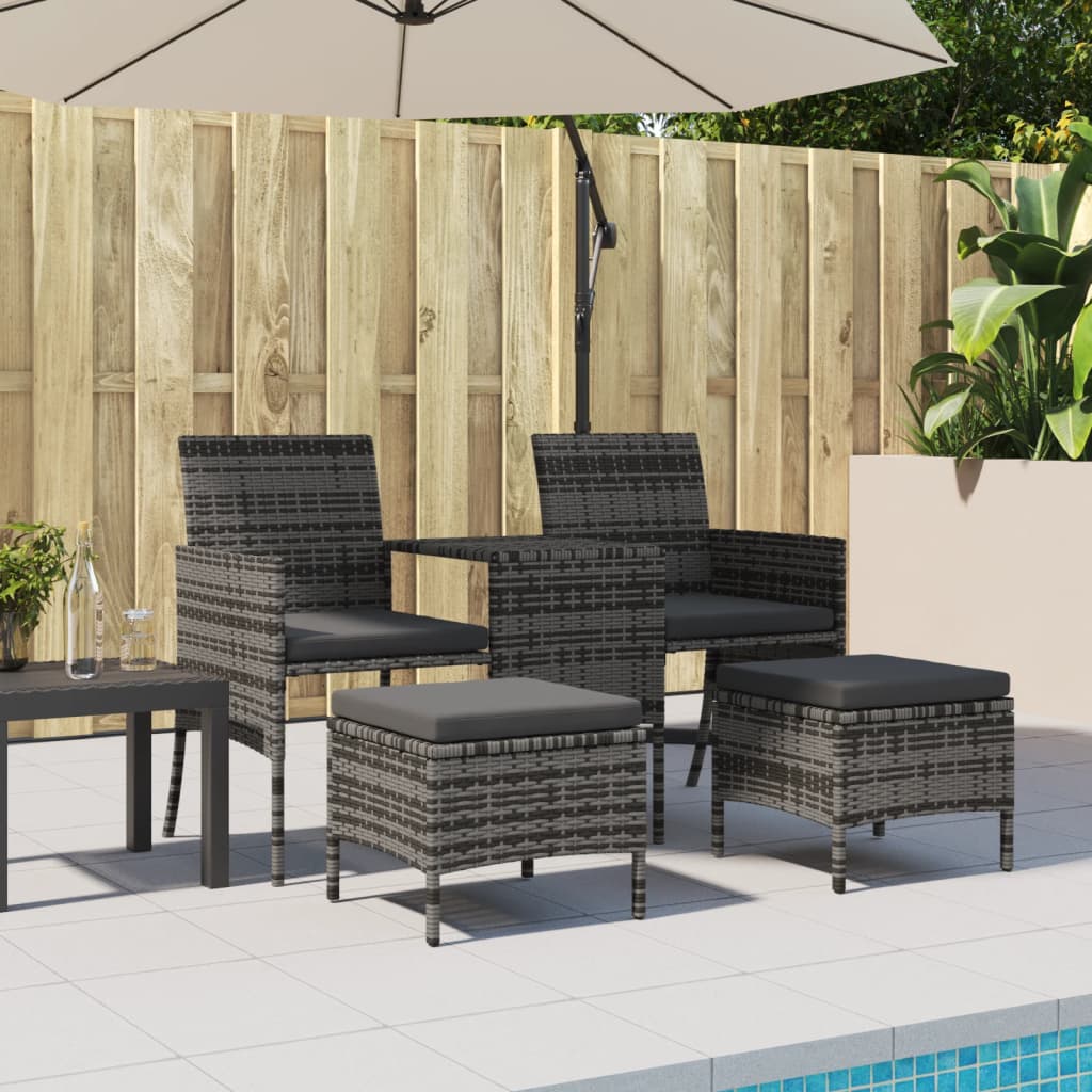 Garden Sofa 2-Seater with Table and Stools Grey Poly Rattan