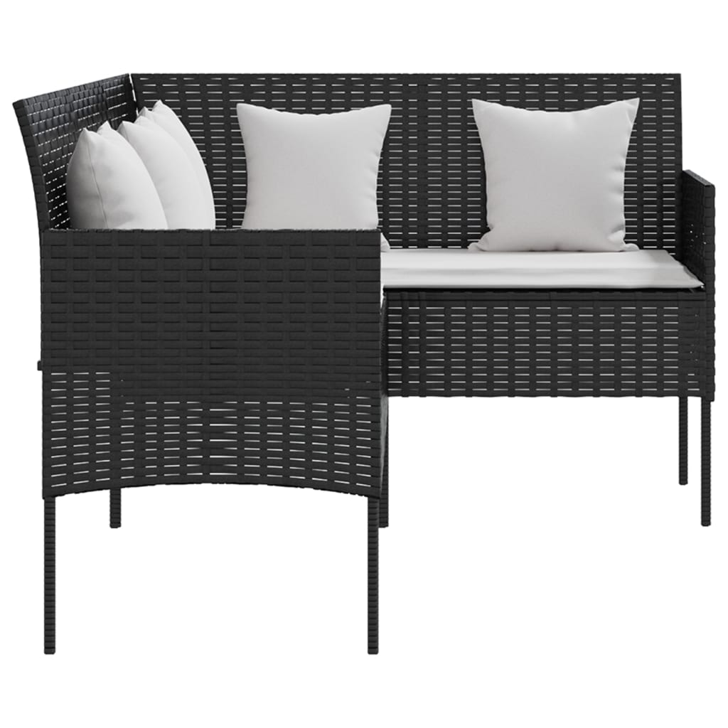 L-shaped Couch Sofa with Cushions Poly Rattan Black