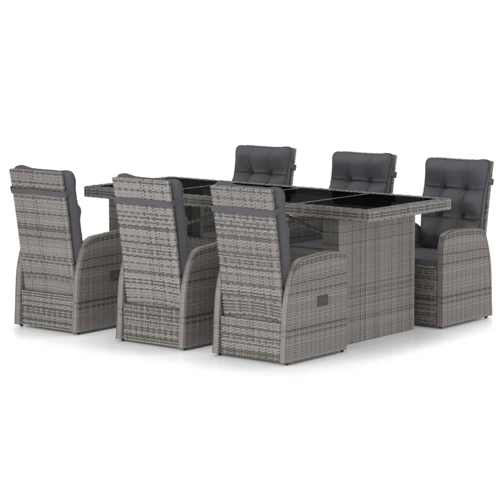 7 Piece Garden Dining Set with Cushions Grey Poly Rattan