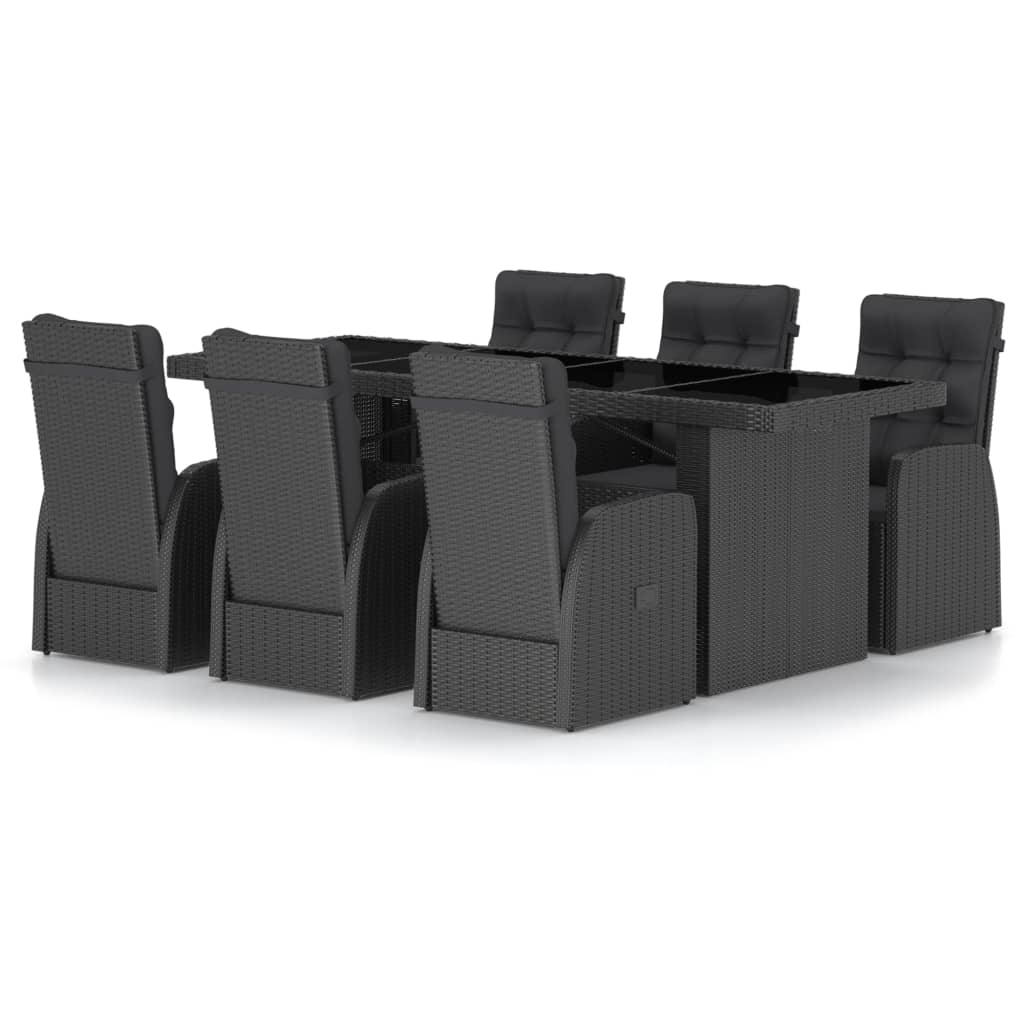 7 Piece Garden Dining Set with Cushions Black Poly Rattan