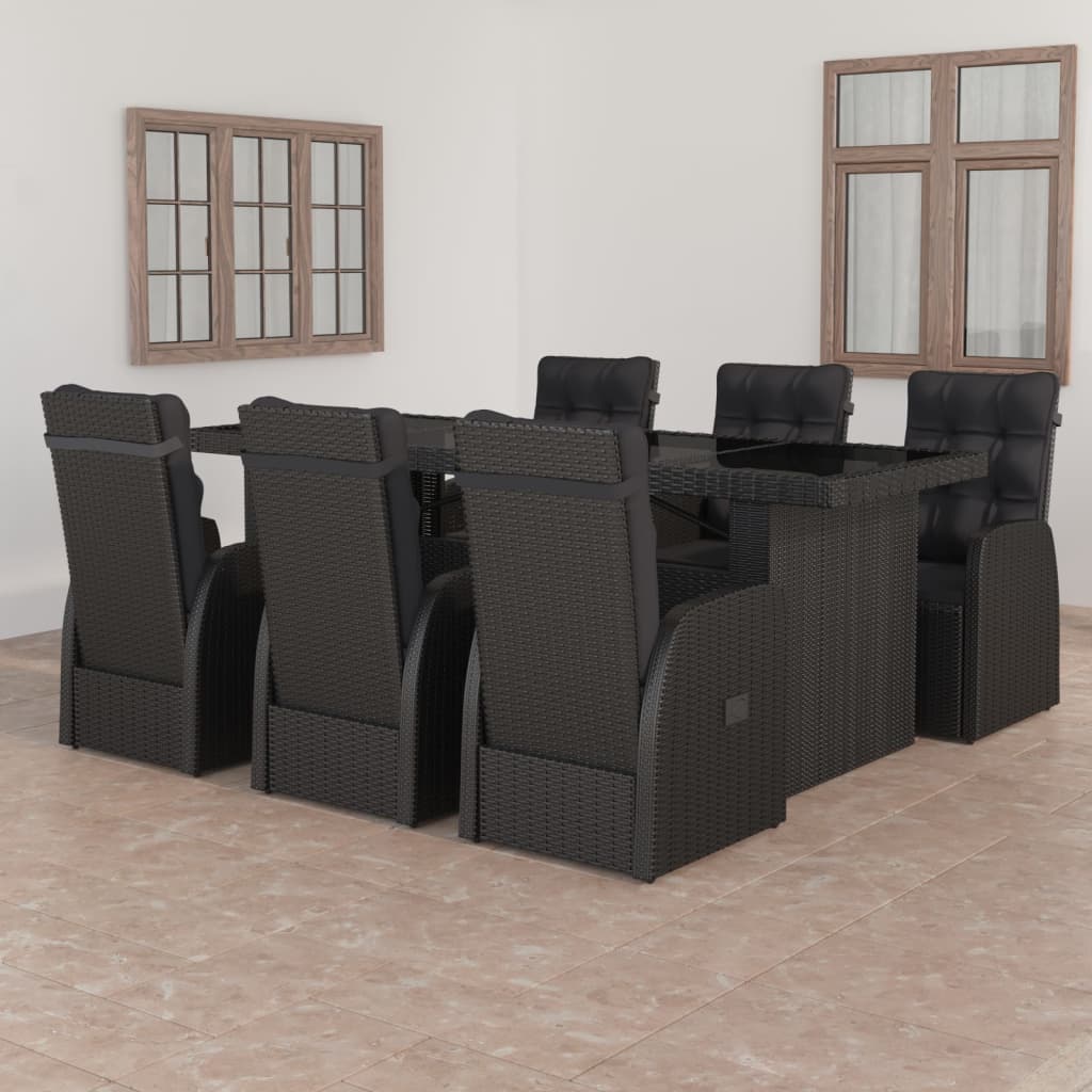 7 Piece Garden Dining Set with Cushions Black Poly Rattan
