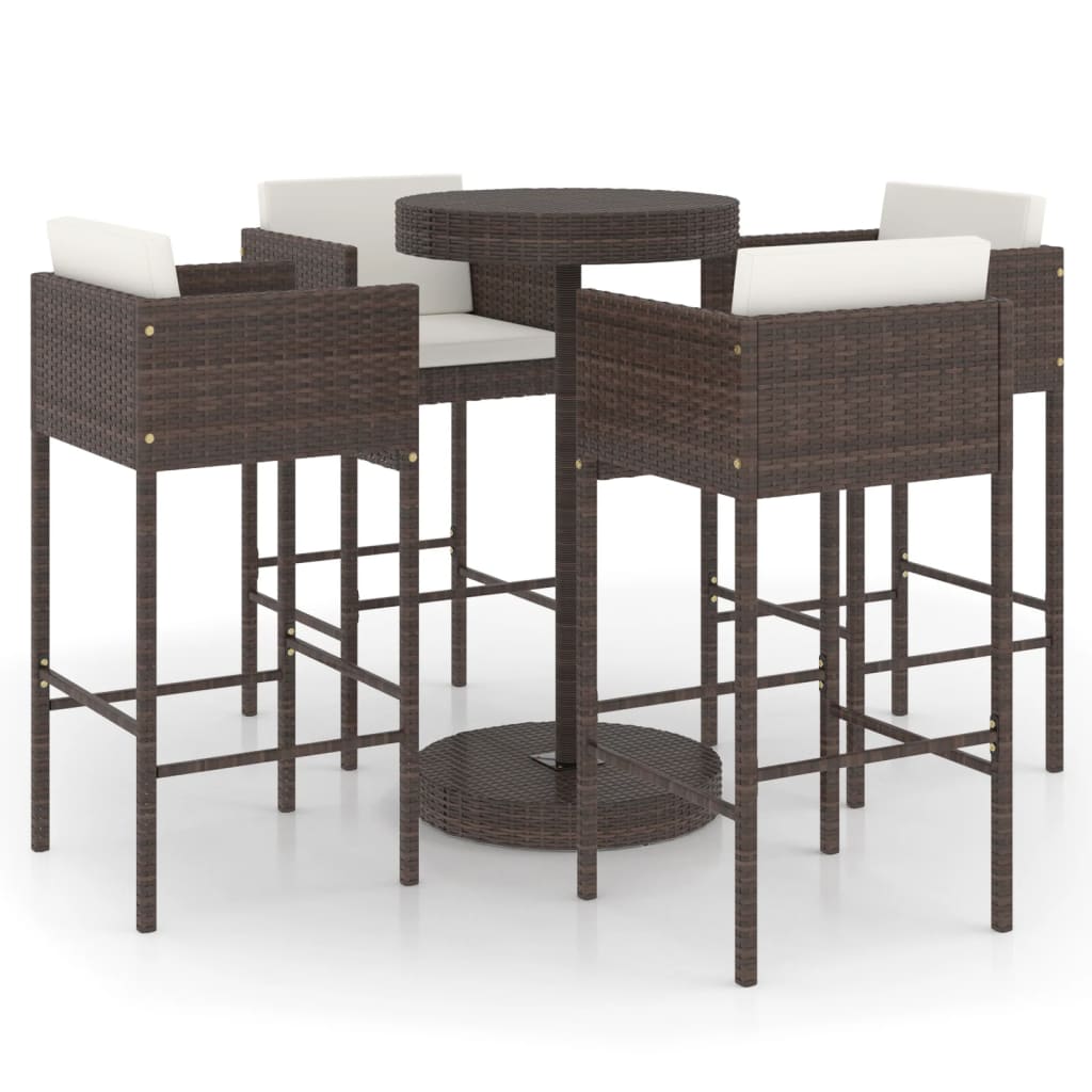 5 Piece Garden Bar Set with Cushions Poly Rattan Brown