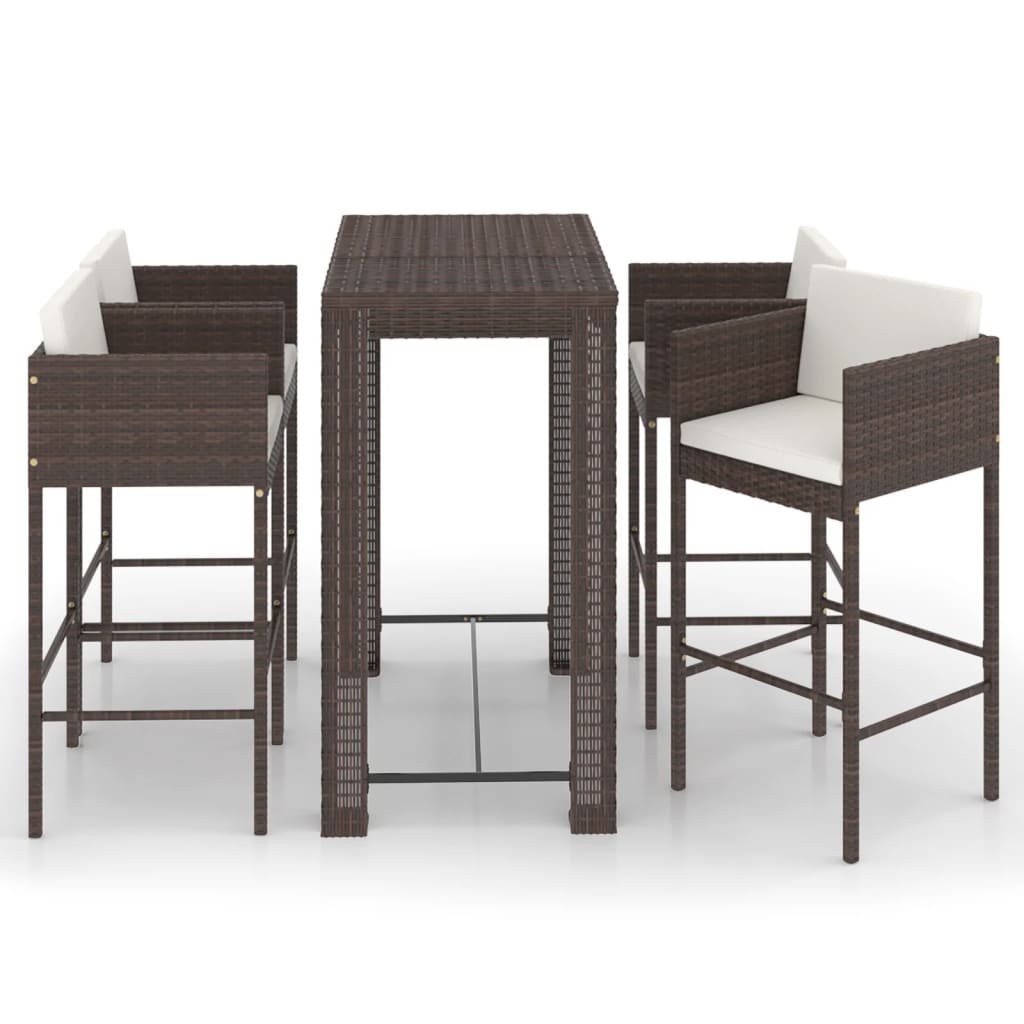 5 Piece Garden Bar Set with Cushions Poly Rattan Brown