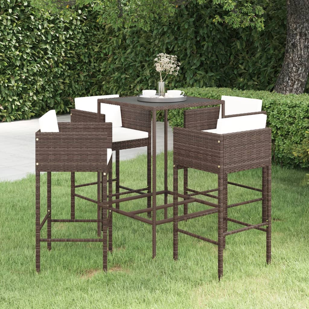 5 Piece Garden Bar Set with Cushions Poly Rattan Brown