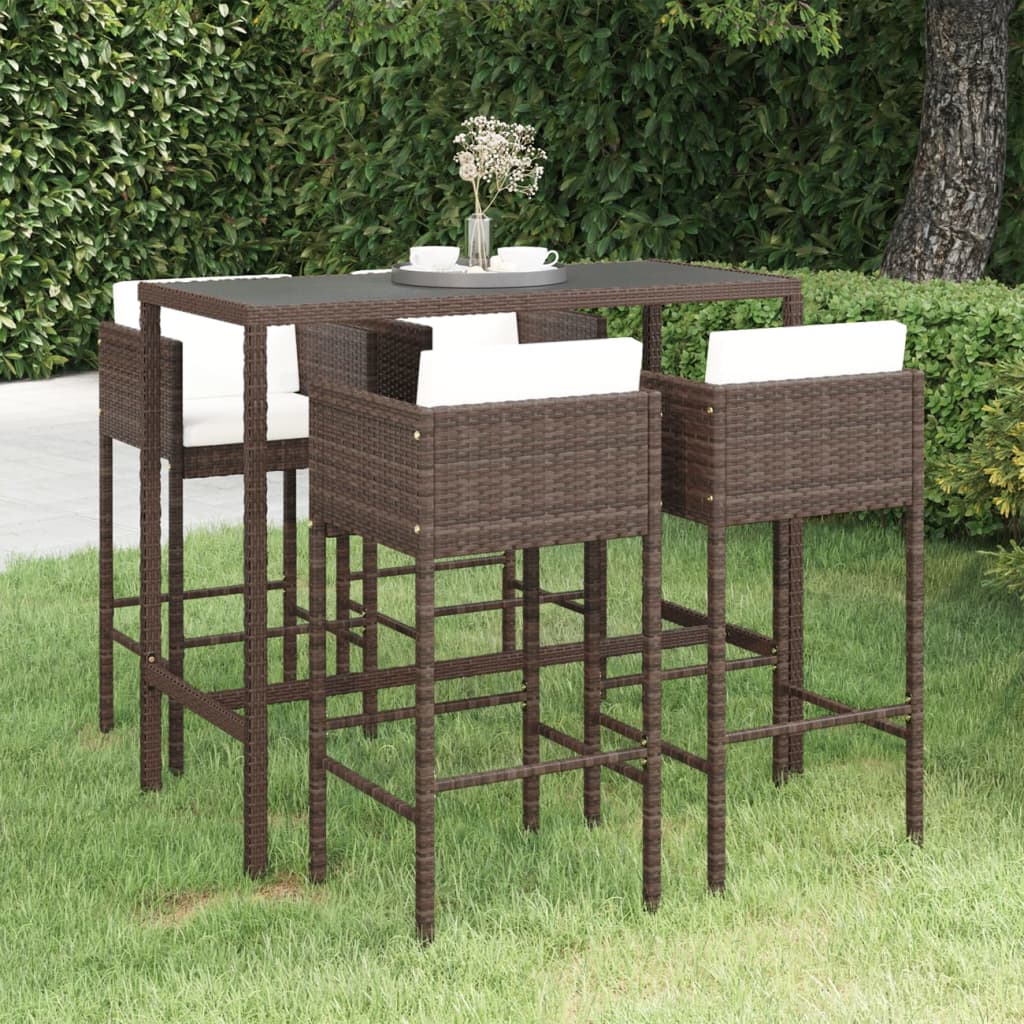 5 Piece Garden Bar Set with Cushions Poly Rattan Brown