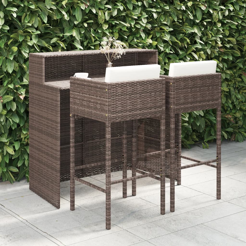 3 Piece Garden Bar Set with Cushions Poly Rattan Brown