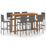 9 Piece Garden Bar Set with Cushions Poly Rattan Grey