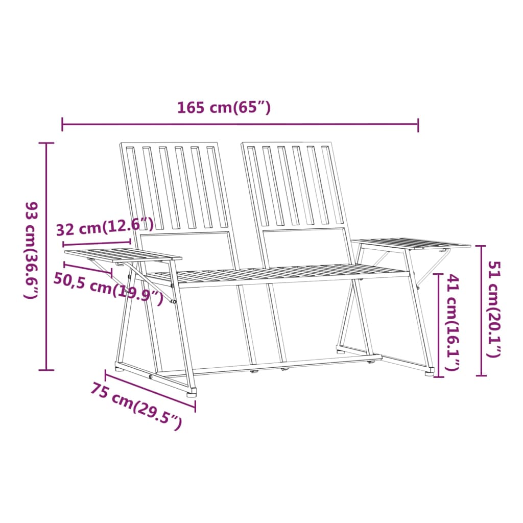 vidaXL 2-Seater Garden Bench 165 cm Black Steel
