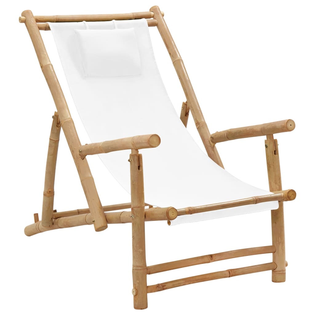 vidaXL Deck Chair Bamboo and Canvas Cream White