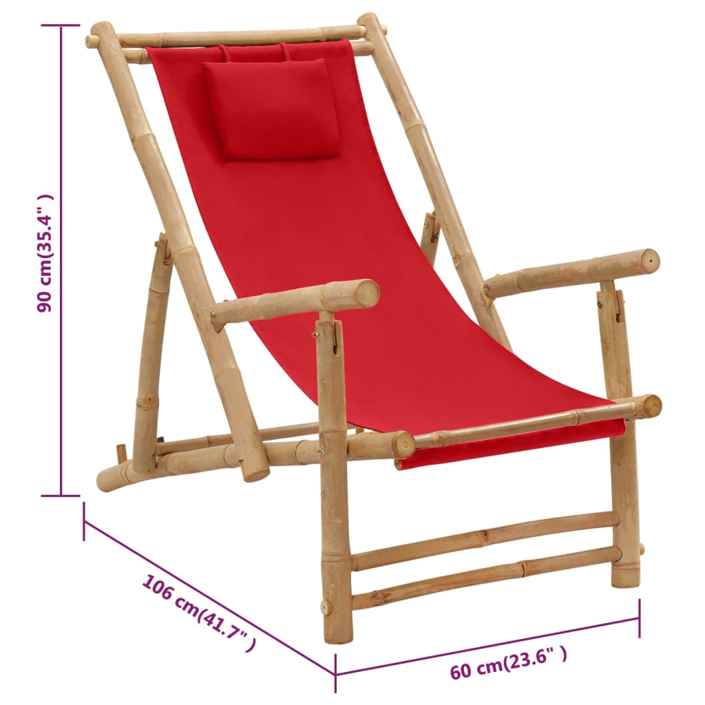 vidaXL Deck Chair Bamboo and Canvas Red