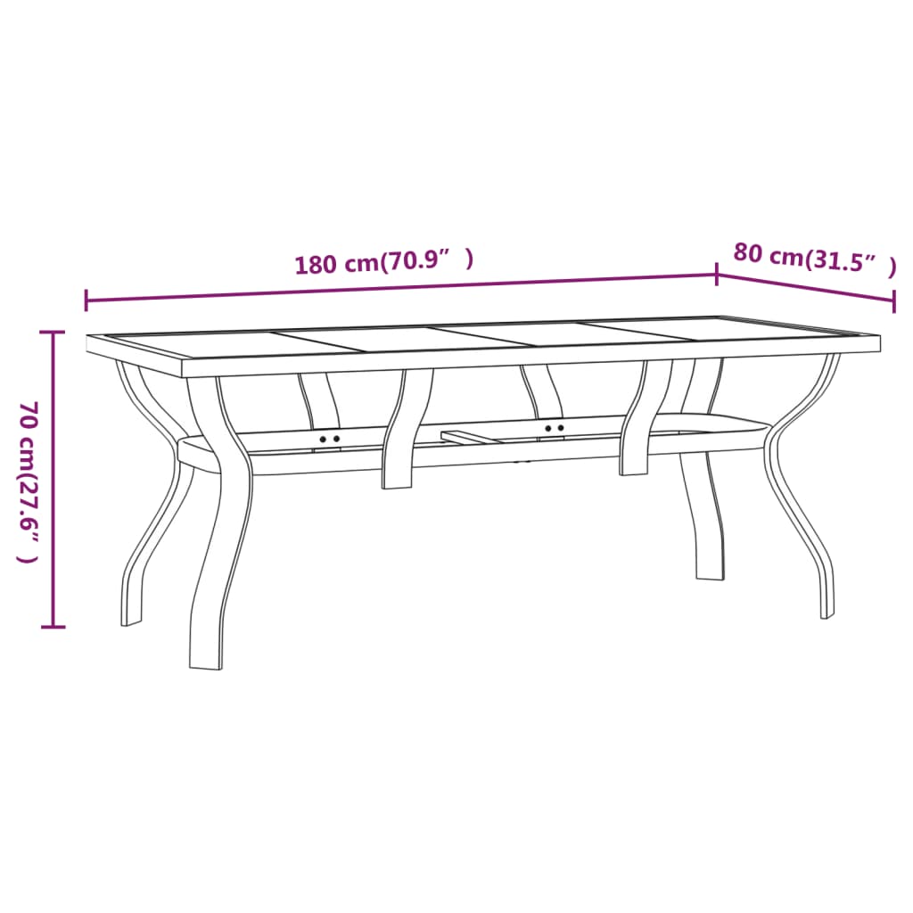 Garden Table Grey and Black 180x80x70 cm Steel and Glass
