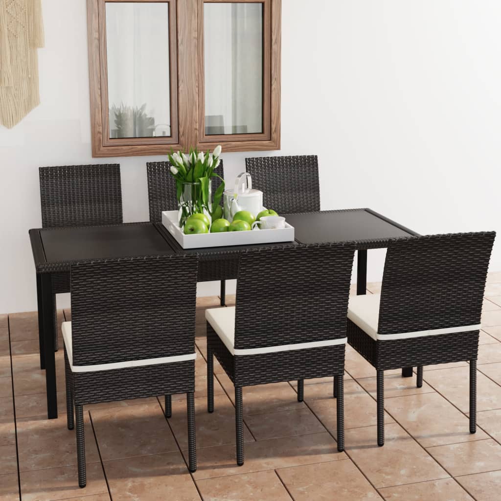 7 Piece Outdoor Dining Set with Cushions Poly Rattan Black