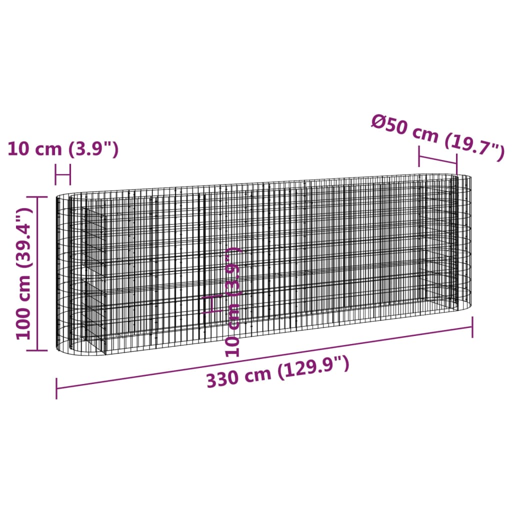 Gabion Raised Bed Galvanised Iron 330x50x100 cm