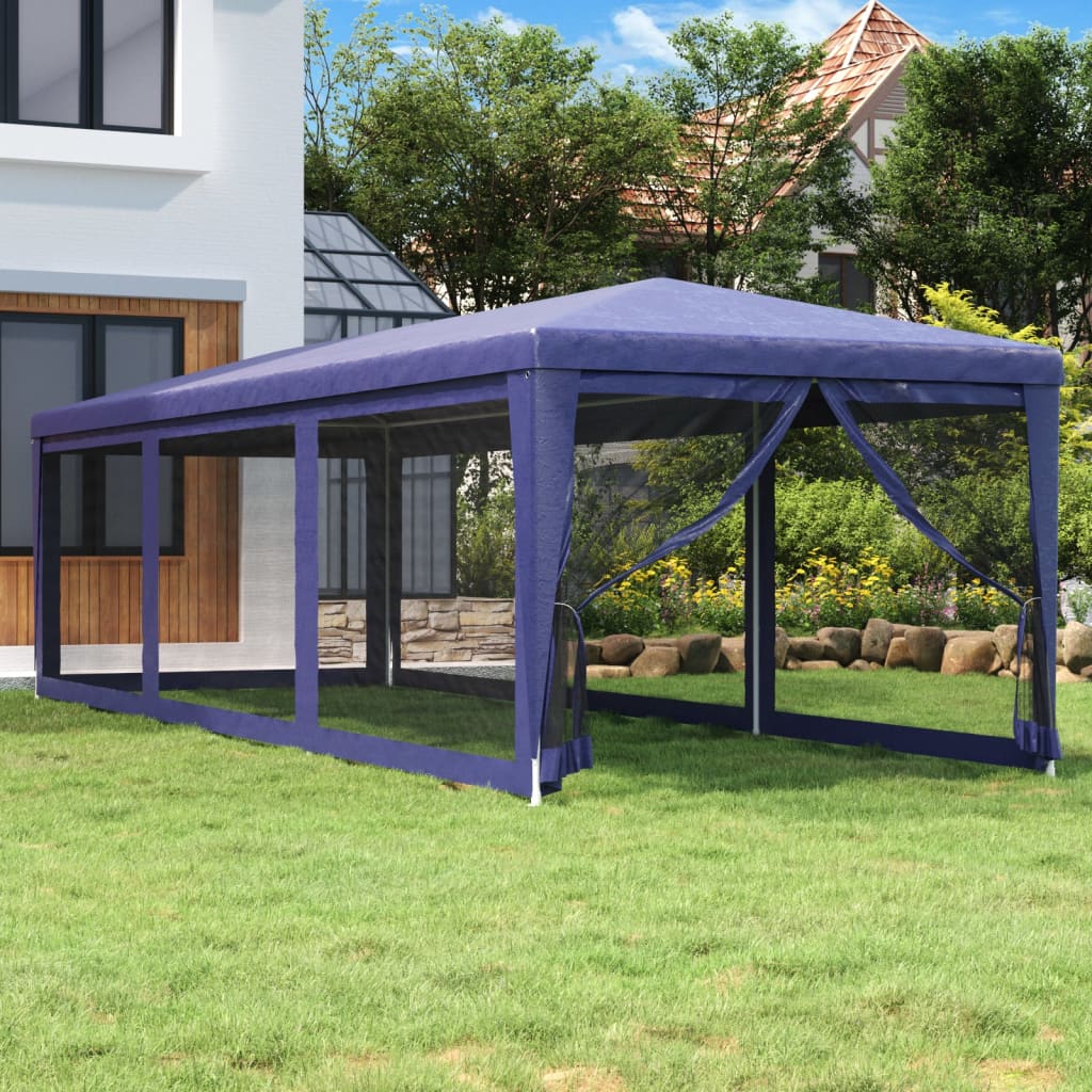 Party Tent with 8 Mesh Sidewalls Blue 3x9 m HDPE