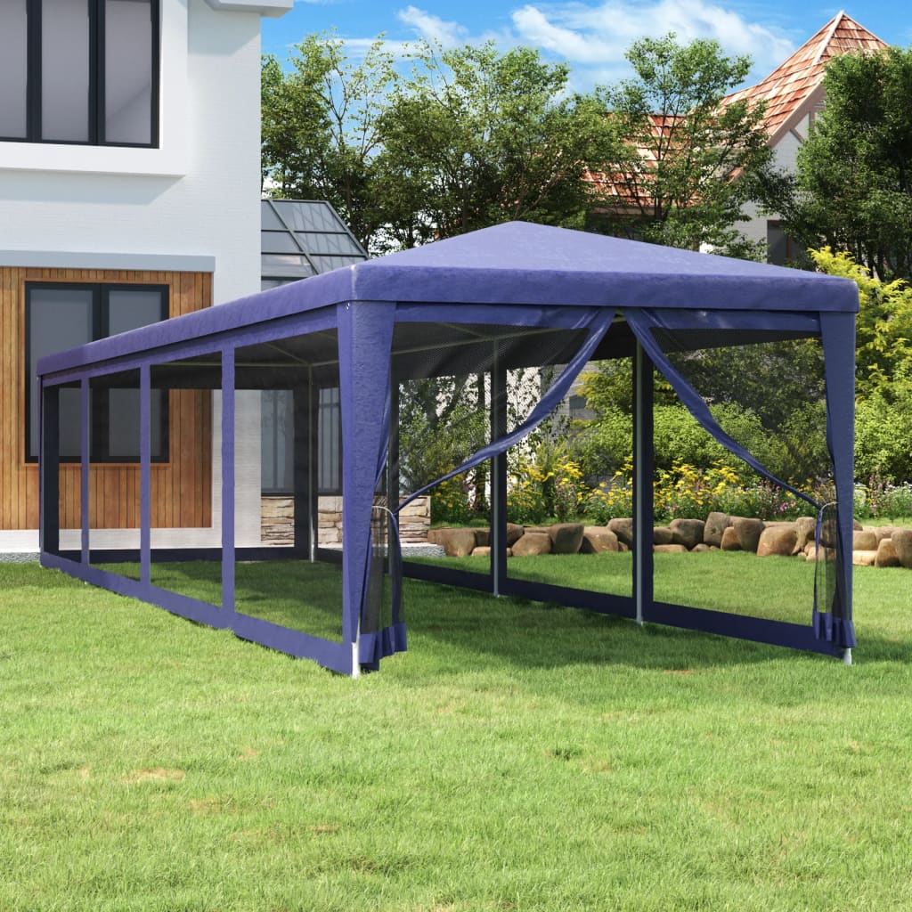 Party Tent with 10 Mesh Sidewalls Blue 3x12 m HDPE