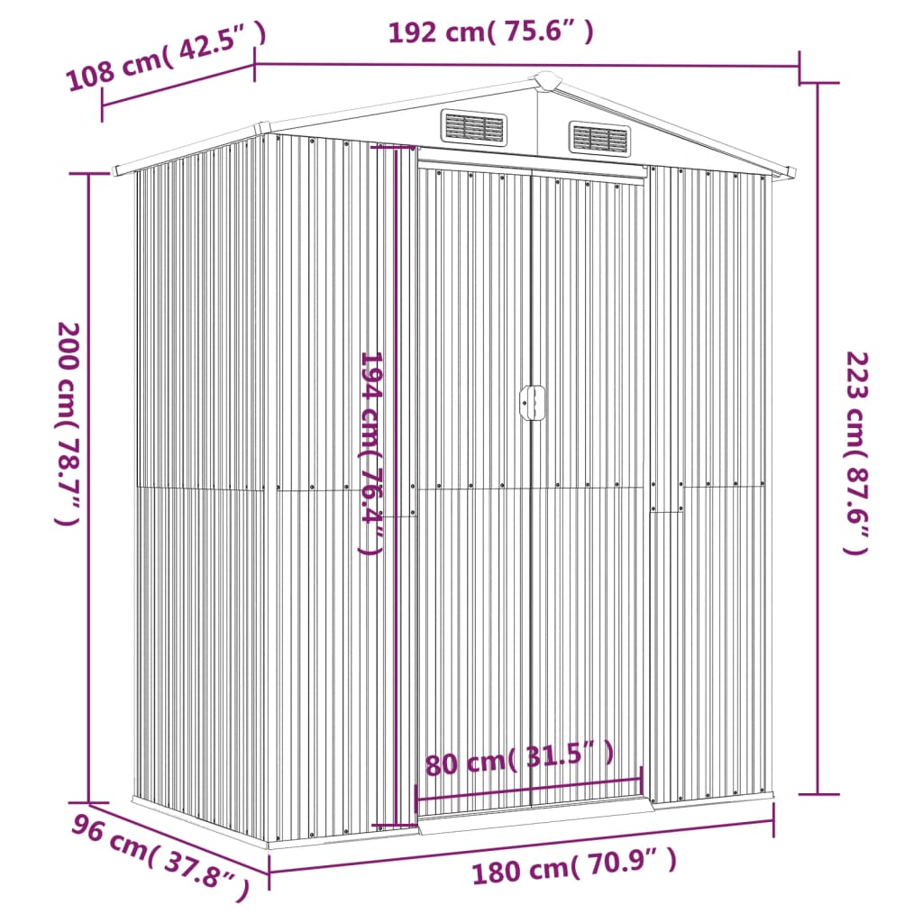 vidaXL Garden Shed Anthracite 192x108x223 cm Galvanised Steel