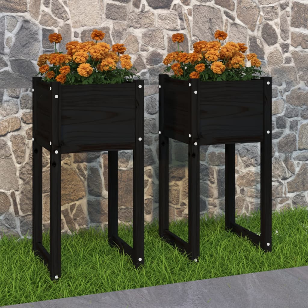 Planters 2 pcs Black 40x40x81 cm Solid Wood Pine