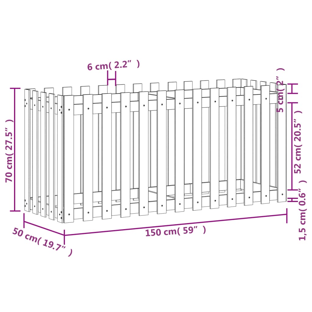 Garden Raised Bed with Fence Design 150x50x70 cm Solid Wood Pine