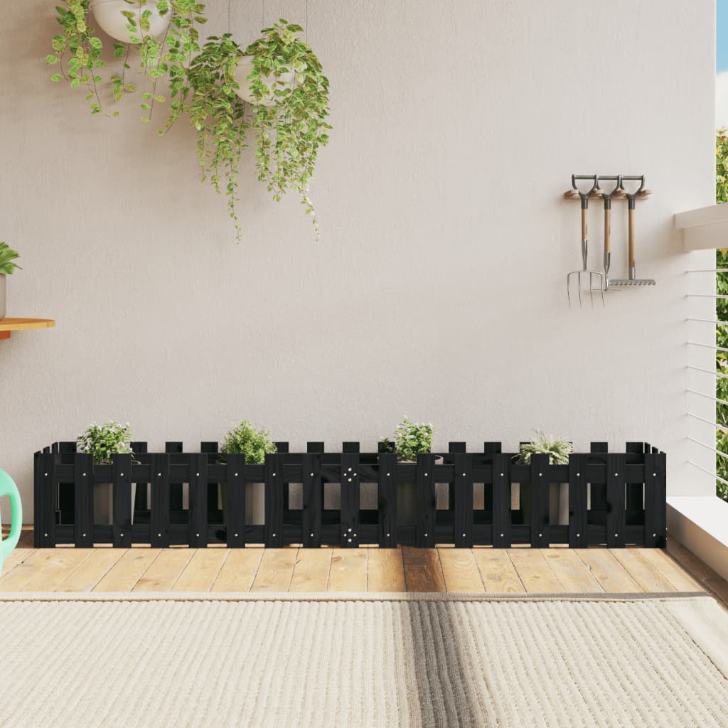 Garden Raised Bed with Fence Design Black 200x30x30 cm Solid Wood Pine