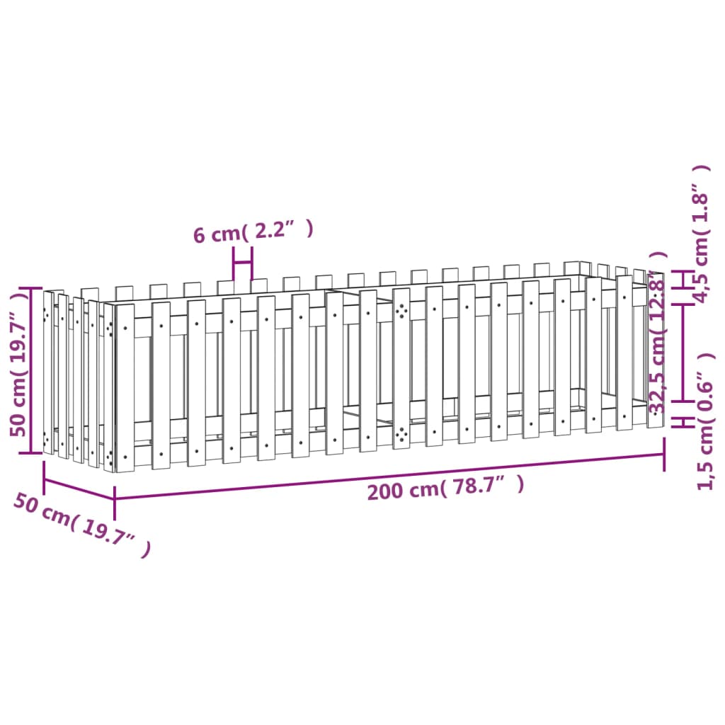 Garden Raised Bed with Fence Design White 200x50x50 cm Solid Wood Pine