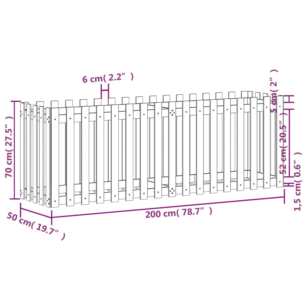 Garden Raised Bed with Fence Design 200x50x70 cm Solid Wood Pine