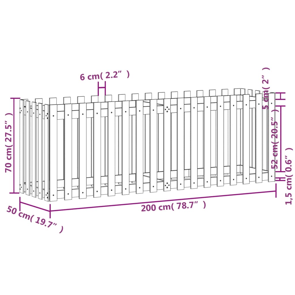 Garden Raised Bed with Fence Design Black 200x50x70 cm Solid Wood Pine