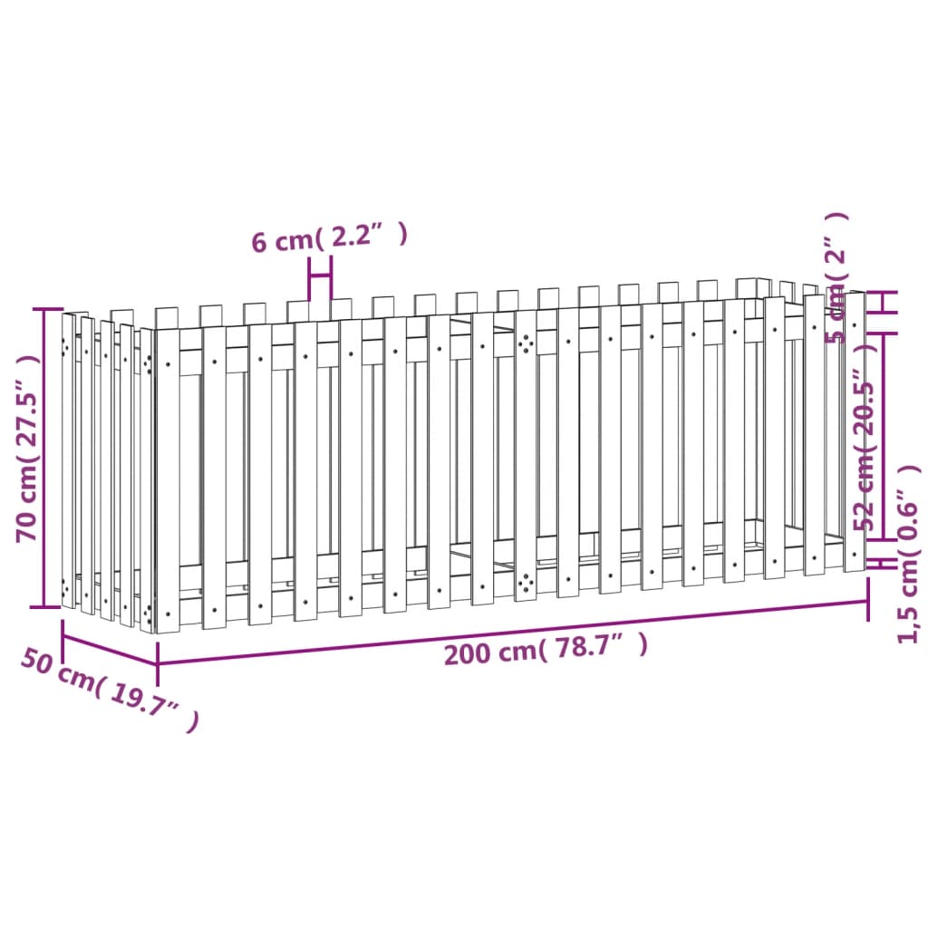 Garden Raised Bed with Fence Design 200x50x70 cm Solid Wood Douglas