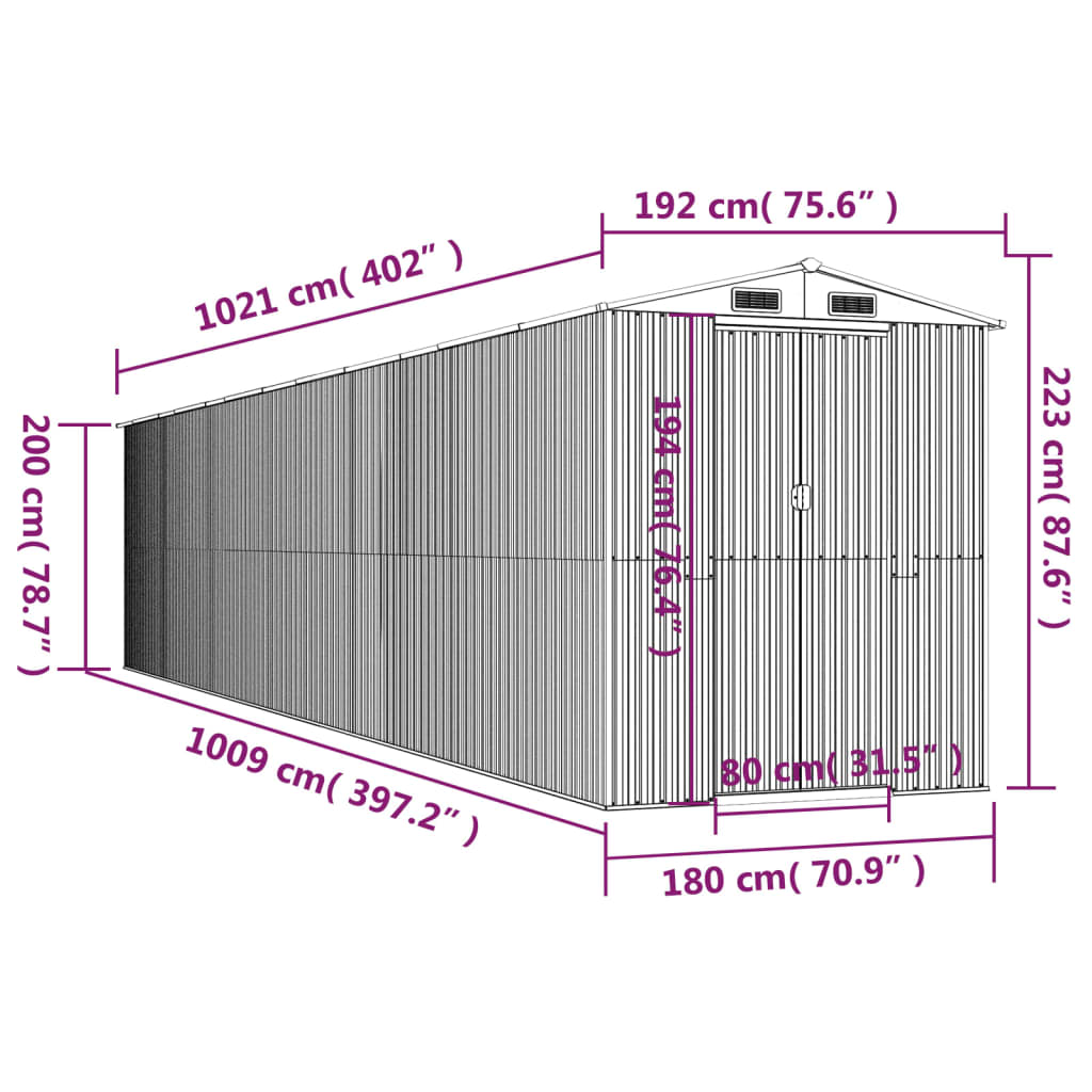 vidaXL Garden Shed Green 192x1021x223 cm Galvanised Steel