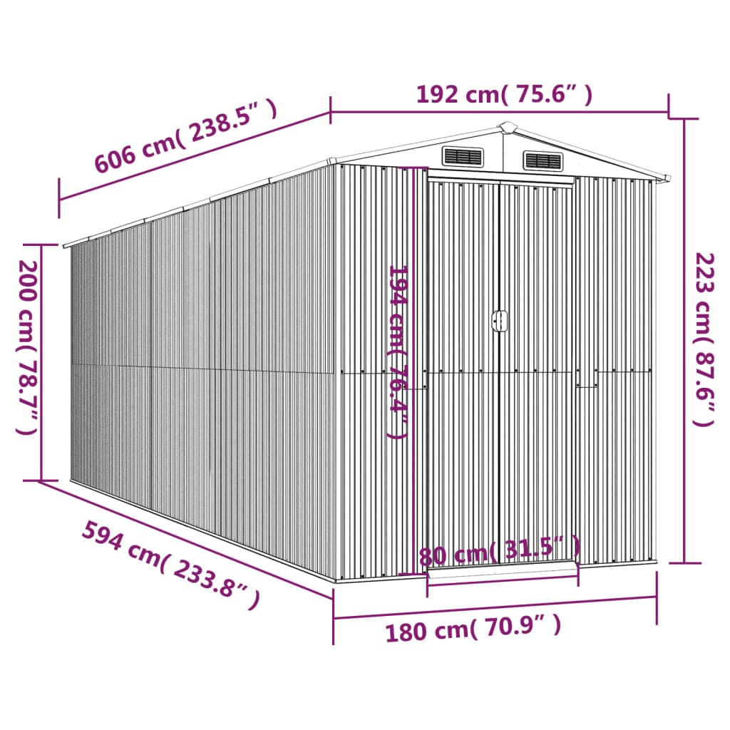 Garden Shed Light Grey 192x606x223 cm Galvanised Steel