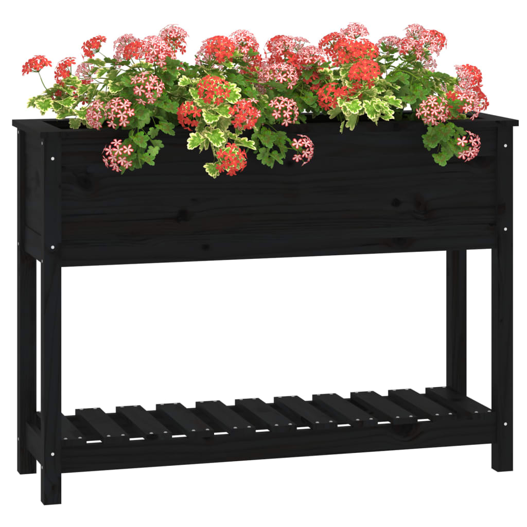 Planter with Shelf Black 111.5x34.5x81 cm Solid Wood Pine