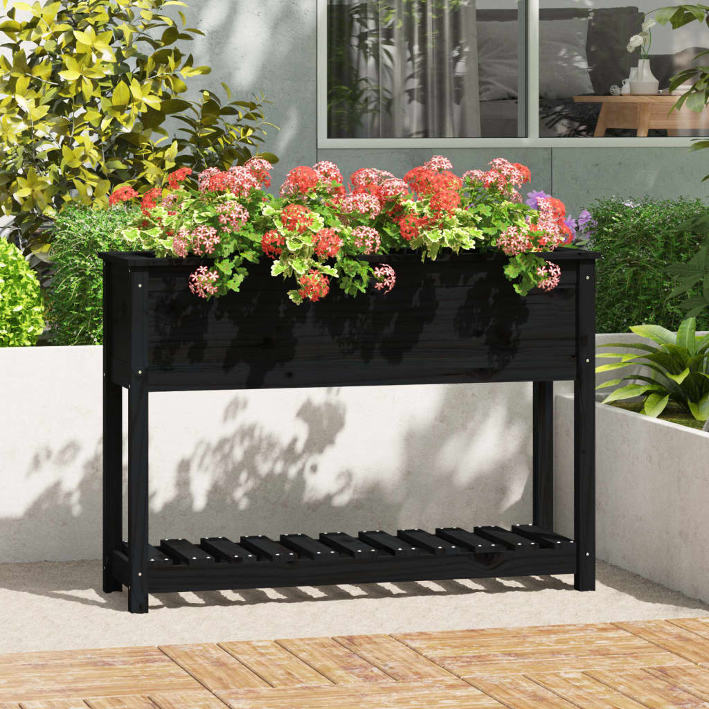 Planter with Shelf Black 111.5x34.5x81 cm Solid Wood Pine