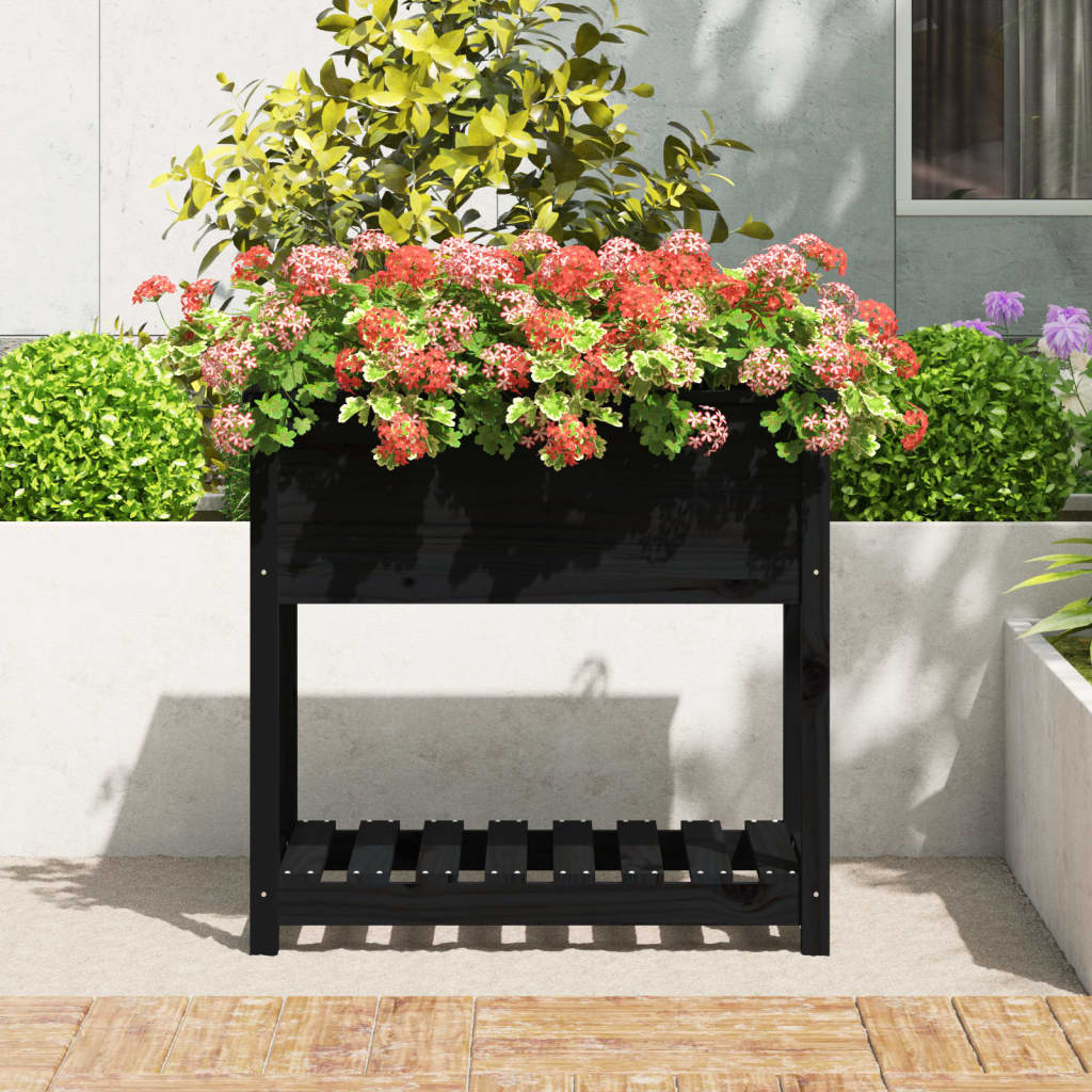 Planter with Shelf Black 82.5x54x81 cm Solid Wood Pine