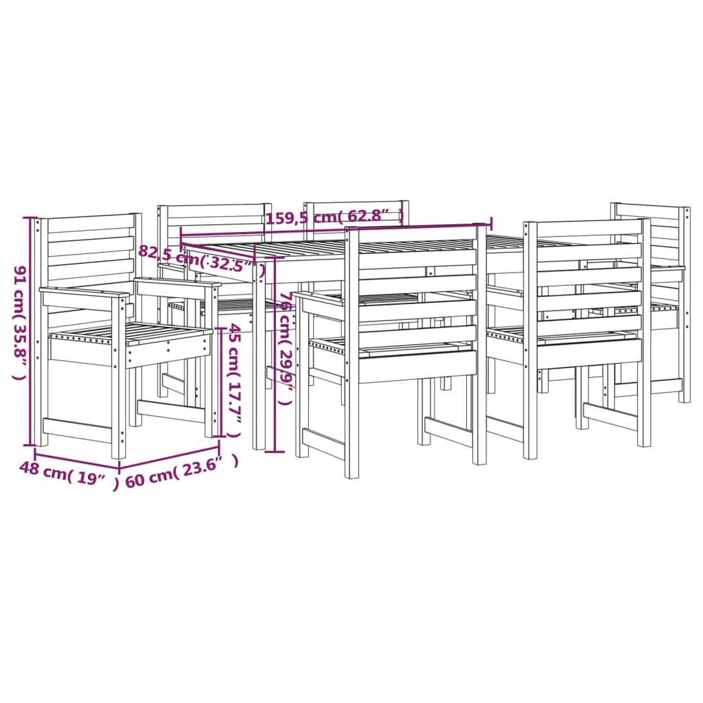7 Piece Garden Dining Set White Solid Wood Pine