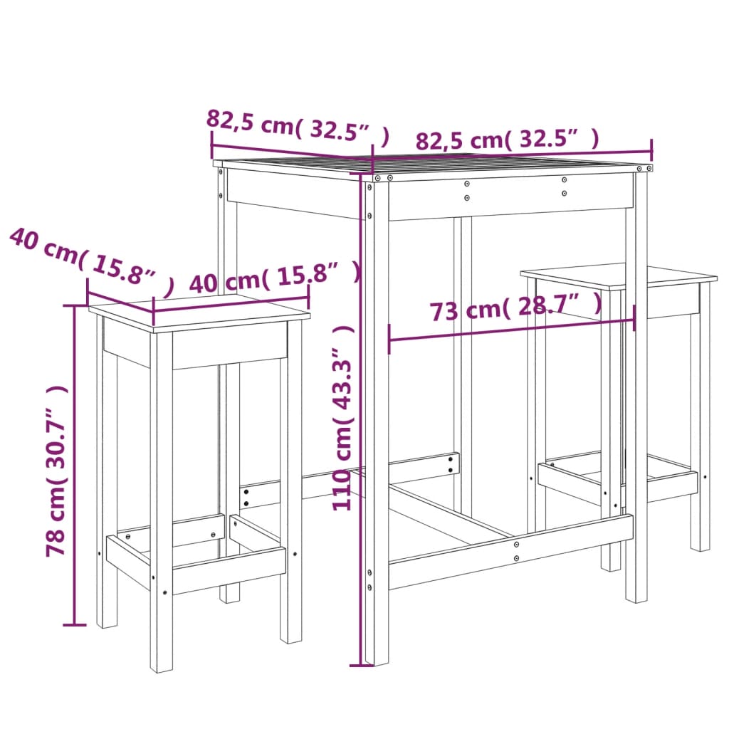 3 Piece Garden Bar Set White Solid Wood Pine