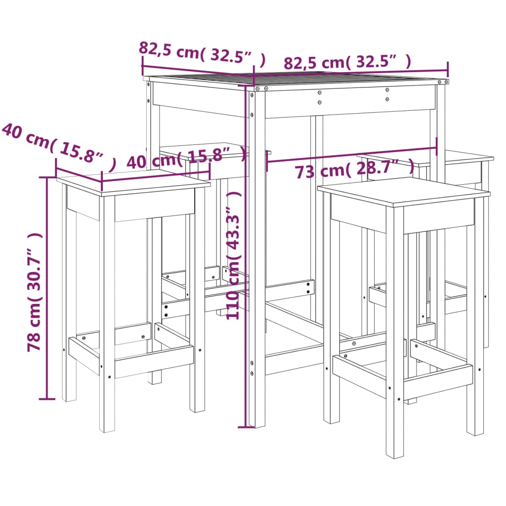 5 Piece Garden Bar Set Black Solid Wood Pine