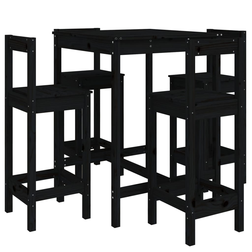 5 Piece Garden Bar Set Black Solid Wood Pine