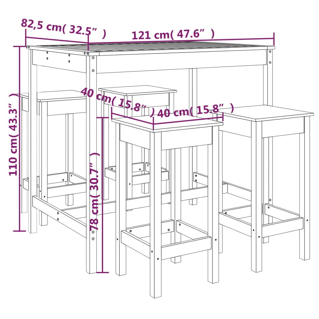 5 Piece Garden Bar Set White Solid Wood Pine