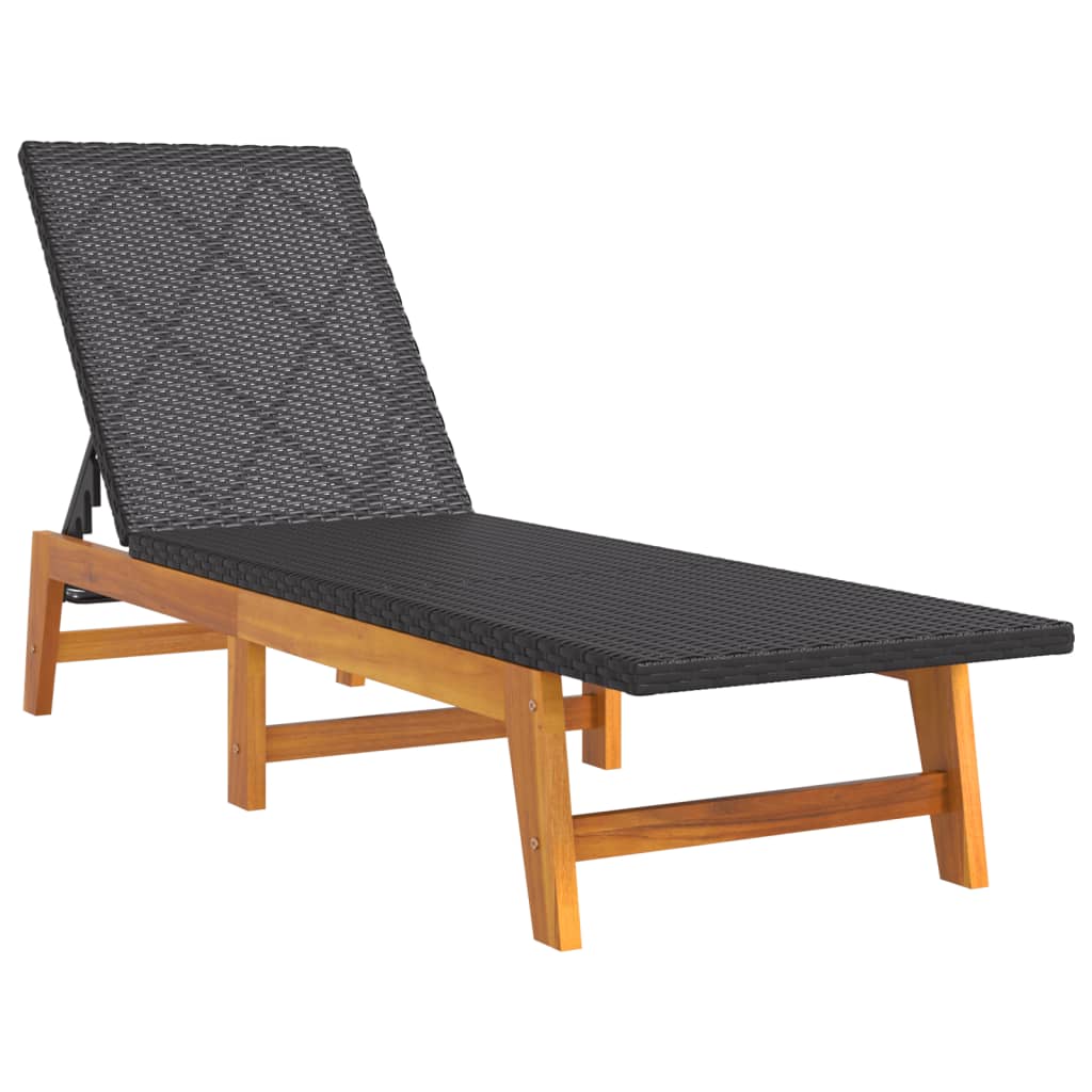 Sun Lounger Black and Brown Poly Rattan&Solid Wood Acacia