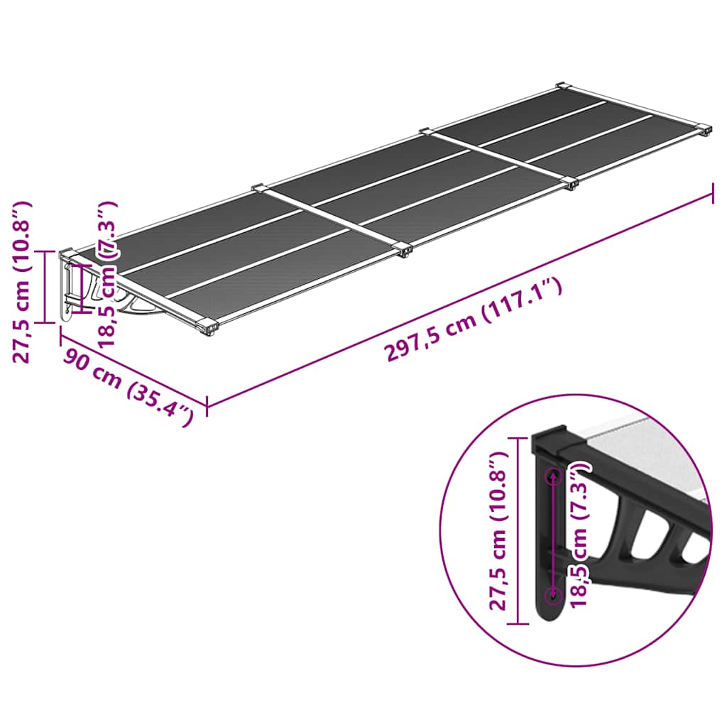 Door Canopy Black and Transparent 297.5x90 cm Polycarbonate