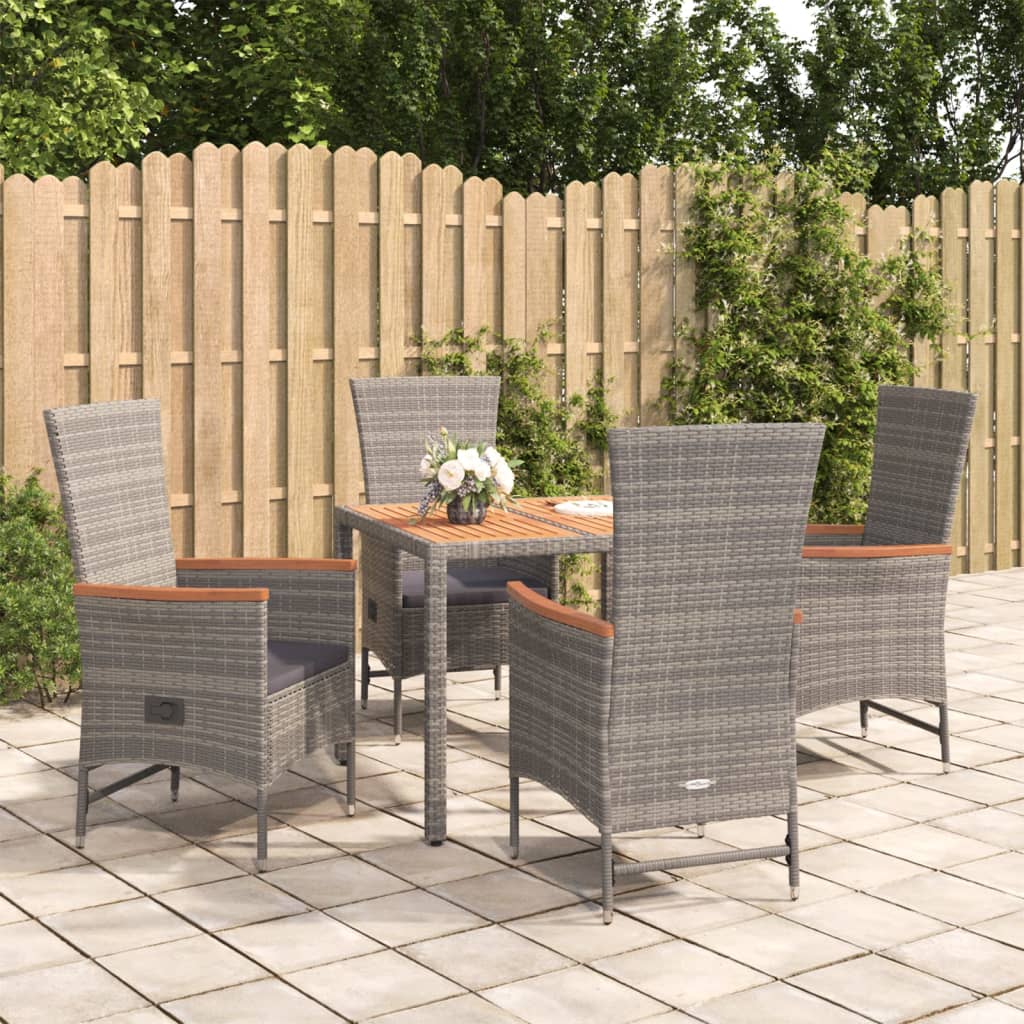 5 Piece Garden Dining Set Grey Poly Rattan&Solid Wood Acacia