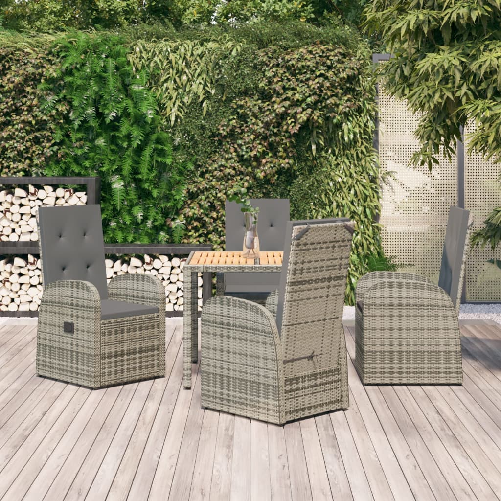 5 Piece Garden Dining Set Grey Poly Rattan&Solid Wood Acacia