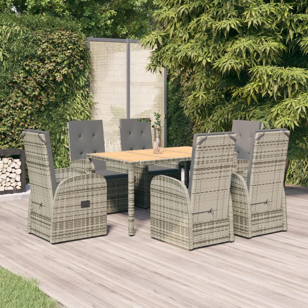 7 Piece Garden Dining Set Grey Poly Rattan&Solid Wood Acacia