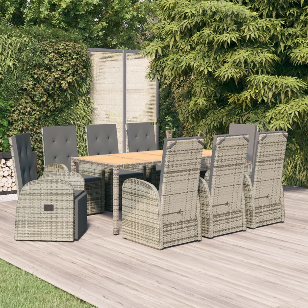 9 Piece Garden Dining Set Grey Poly Rattan&Solid Wood Acacia