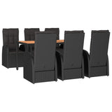 7 Piece Garden Dining Set Black Poly Rattan&Solid Wood Acacia